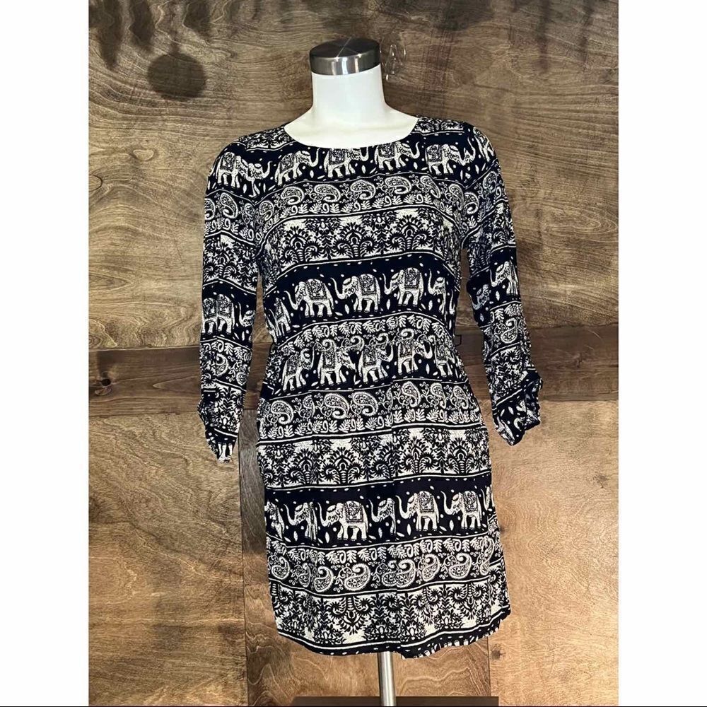 Elephant‎ Print Dress Black and White Bohemian Mini Dress Long Sleeve